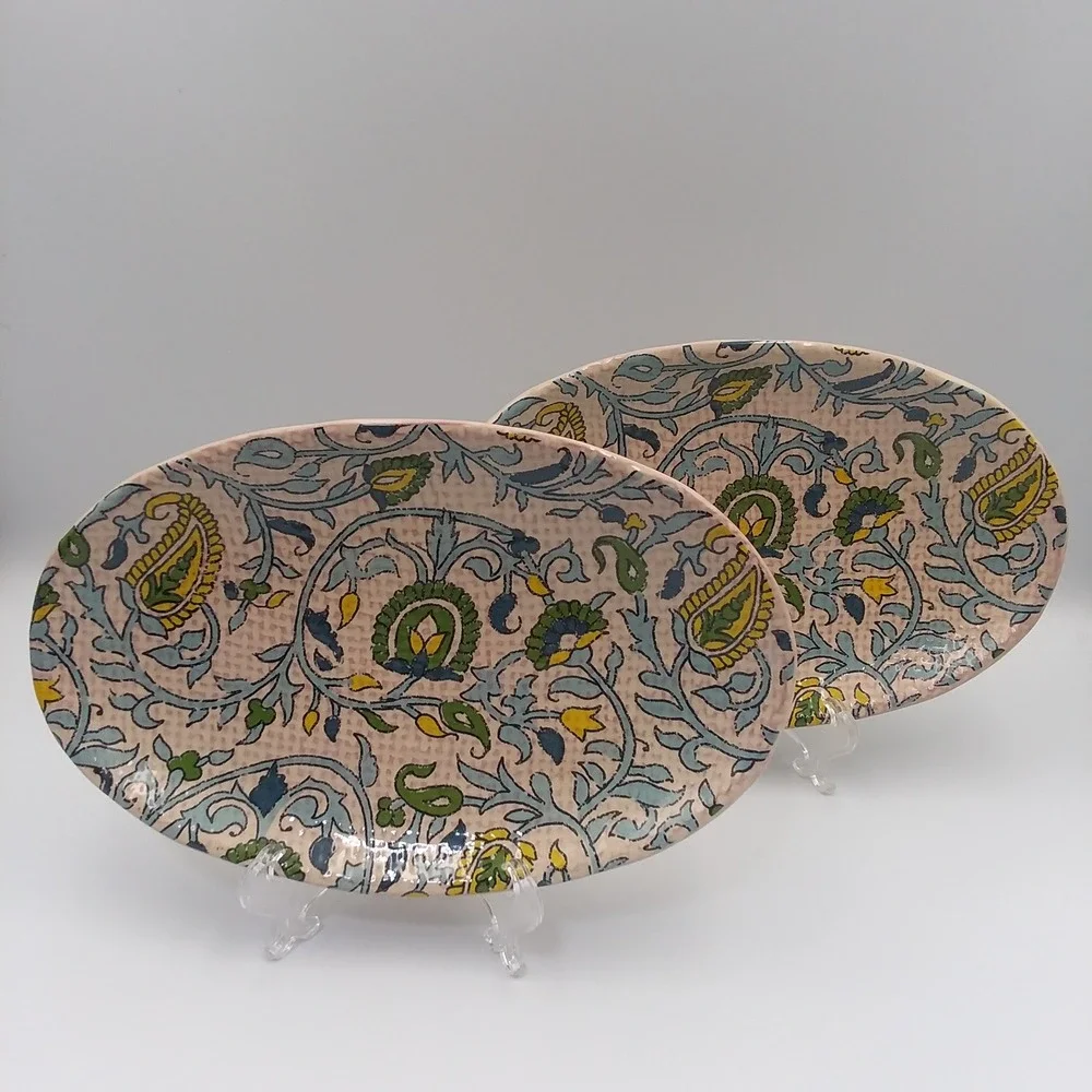Set of 2 Pottery Barn Oval Salad Plates Blue Beige Paisley‎ Floral Accent Dishes